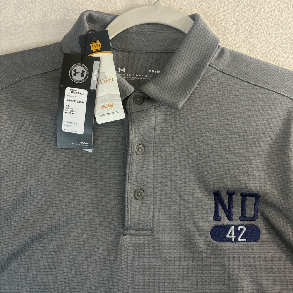 Under‎ Armour Notre Dame Polo Shirt Men M Gray Loose Stretch Athletic Golf NWT